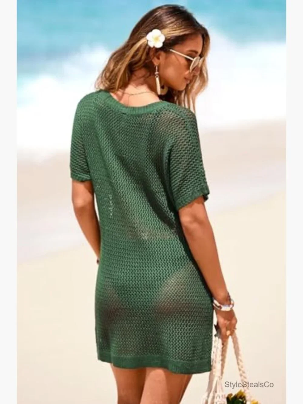 V Neck Short Sleeve Crochet Beach Dress Coverup